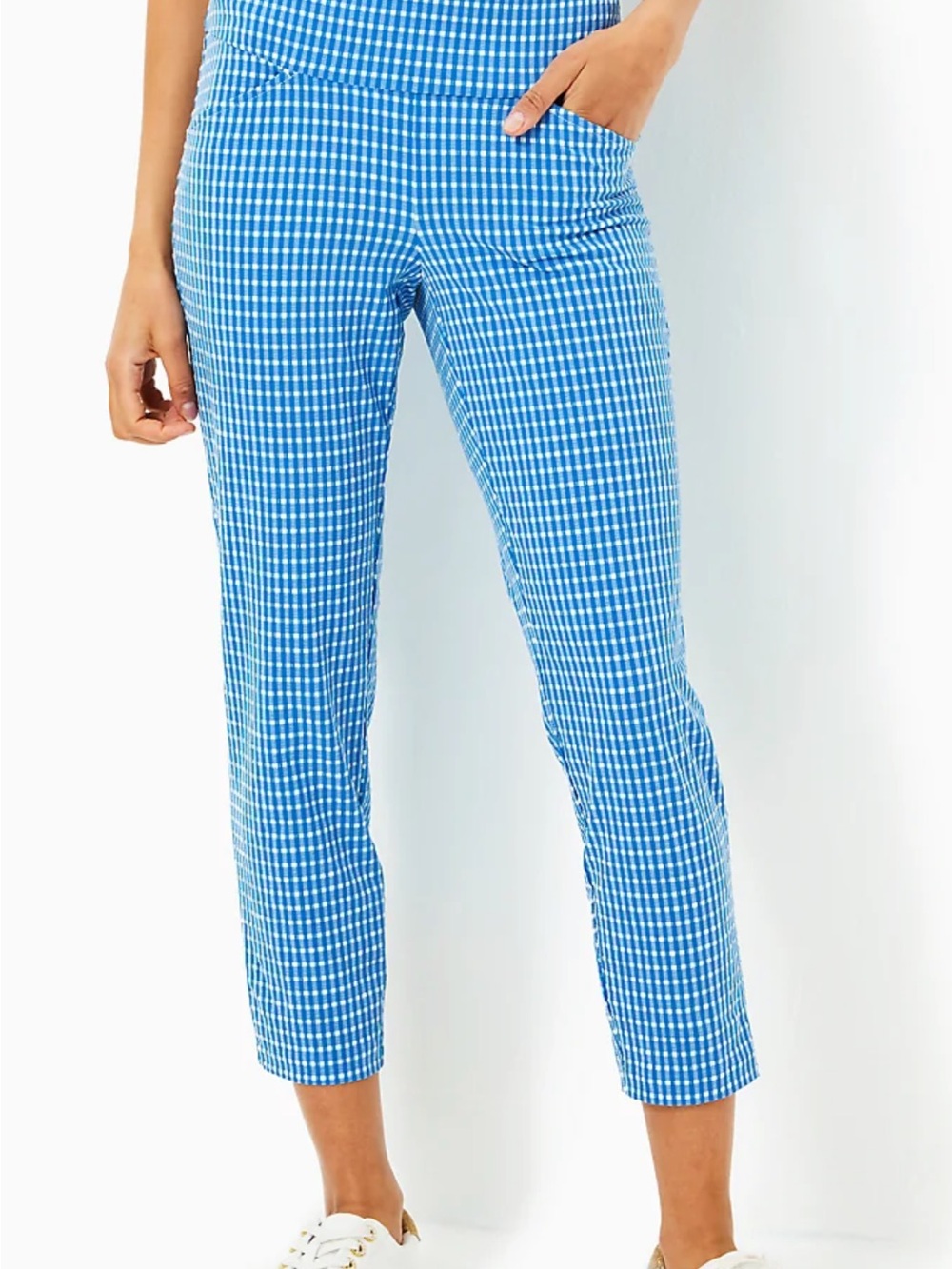 Lilly Pulitzer Luxletic 25" Corso Crop Pants Morelle Blue Gingham, Size 4 - Picture 3 of 16